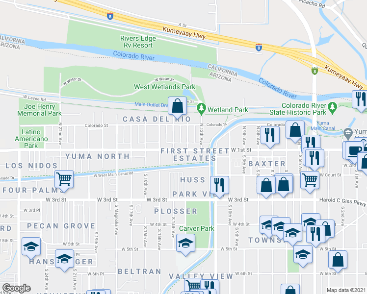 map of restaurants, bars, coffee shops, grocery stores, and more near 120 North 13th Avenue in Yuma