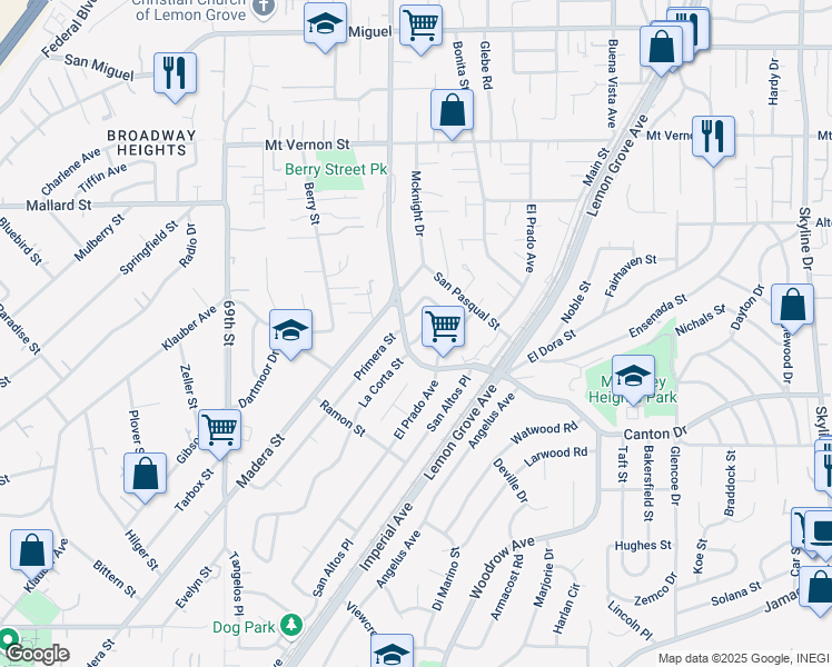 map of restaurants, bars, coffee shops, grocery stores, and more near 1916 La Corta Street in Lemon Grove