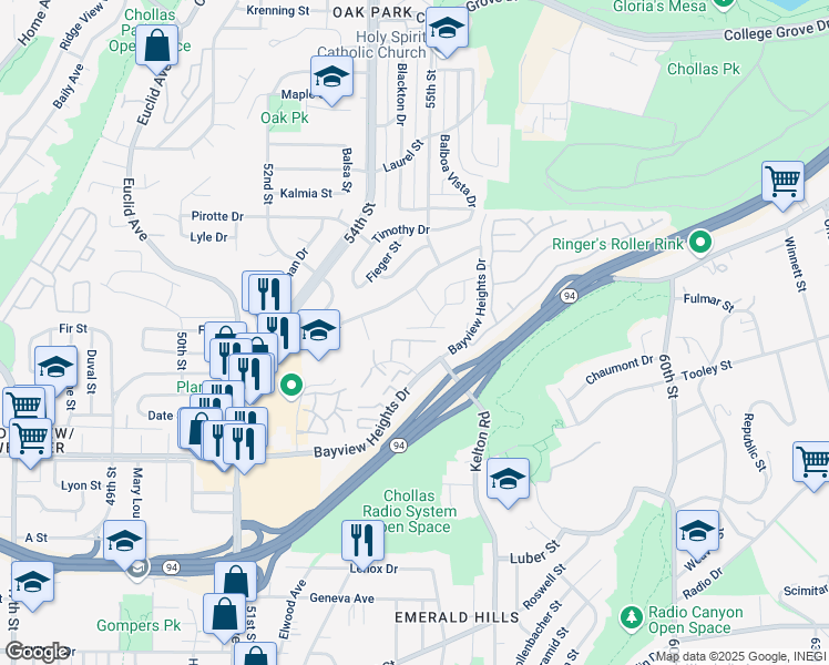 map of restaurants, bars, coffee shops, grocery stores, and more near 5515 Carmen Street in San Diego