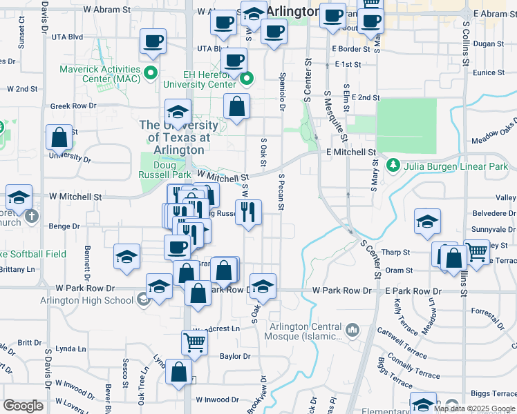 map of restaurants, bars, coffee shops, grocery stores, and more near 1108 South Oak Street in Arlington