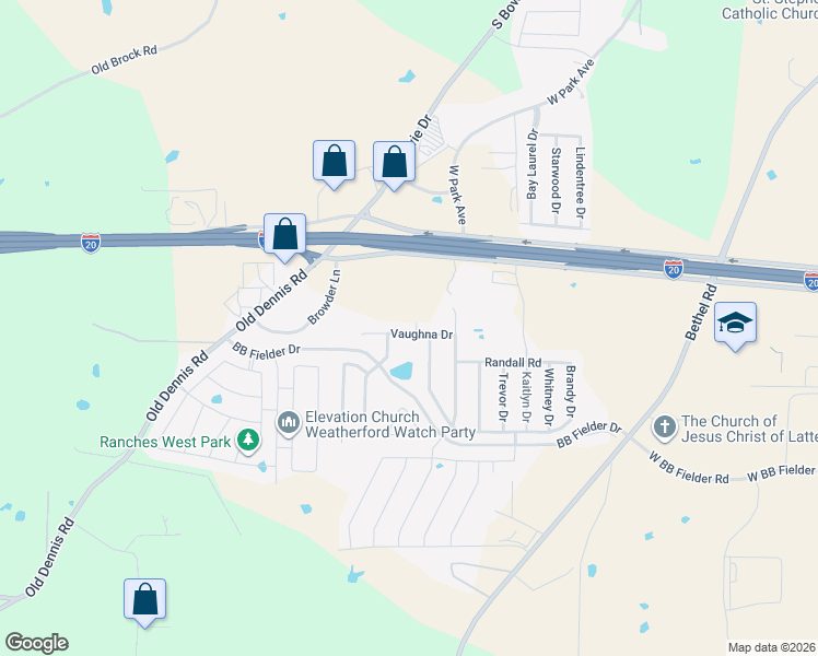 map of restaurants, bars, coffee shops, grocery stores, and more near 1100 Vaughna Drive in Weatherford