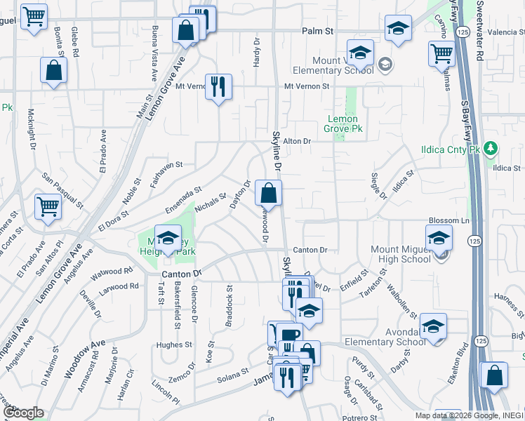 map of restaurants, bars, coffee shops, grocery stores, and more near 7942 Nichals Street in Lemon Grove