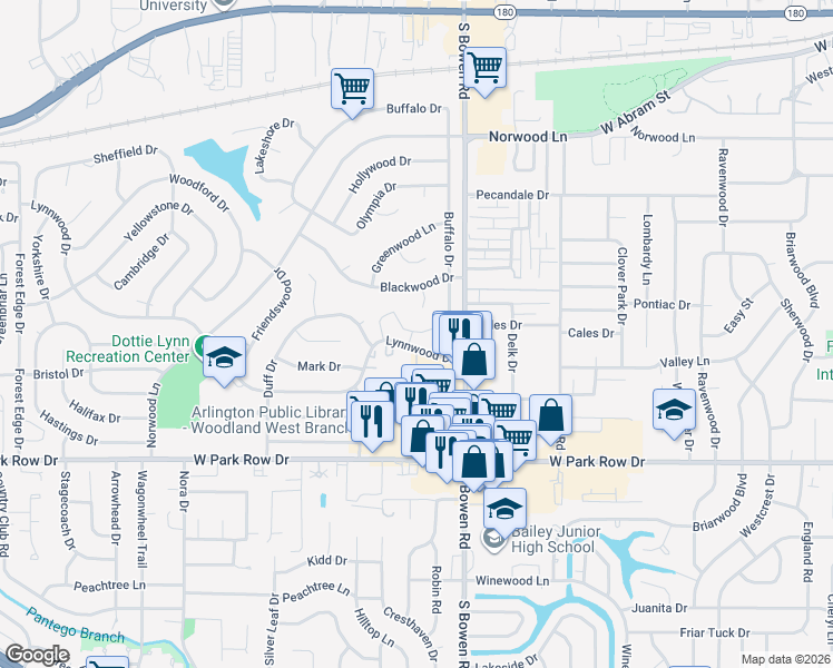 map of restaurants, bars, coffee shops, grocery stores, and more near 2513 Lynnwood Drive in Arlington