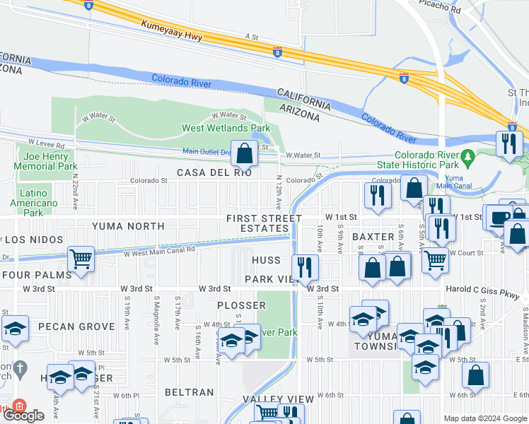map of restaurants, bars, coffee shops, grocery stores, and more near 1210 West 1st Street in Yuma