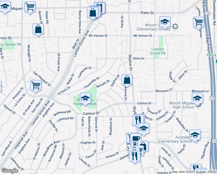 map of restaurants, bars, coffee shops, grocery stores, and more near 1790 Dayton Drive in Lemon Grove