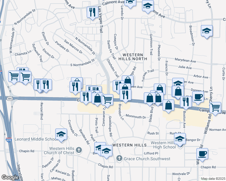 map of restaurants, bars, coffee shops, grocery stores, and more near 3322 Las Vegas Trail in Fort Worth