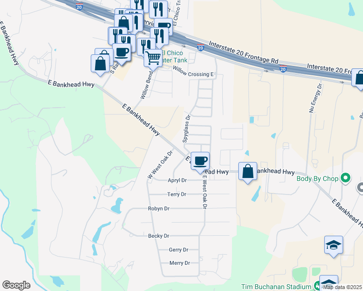 map of restaurants, bars, coffee shops, grocery stores, and more near 350 Spyglass Drive in Willow Park