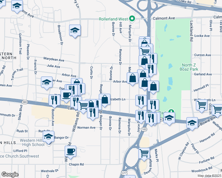 map of restaurants, bars, coffee shops, grocery stores, and more near 3217 Bonnie Drive in Fort Worth