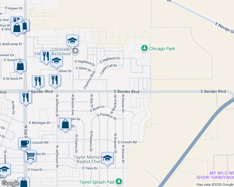 map of restaurants, bars, coffee shops, grocery stores, and more near 2214 North Breckon Drive in Hobbs