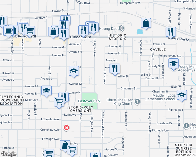 map of restaurants, bars, coffee shops, grocery stores, and more near 1909 South Hughes Avenue in Fort Worth