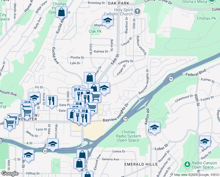 map of restaurants, bars, coffee shops, grocery stores, and more near 5423 Grape Street in San Diego