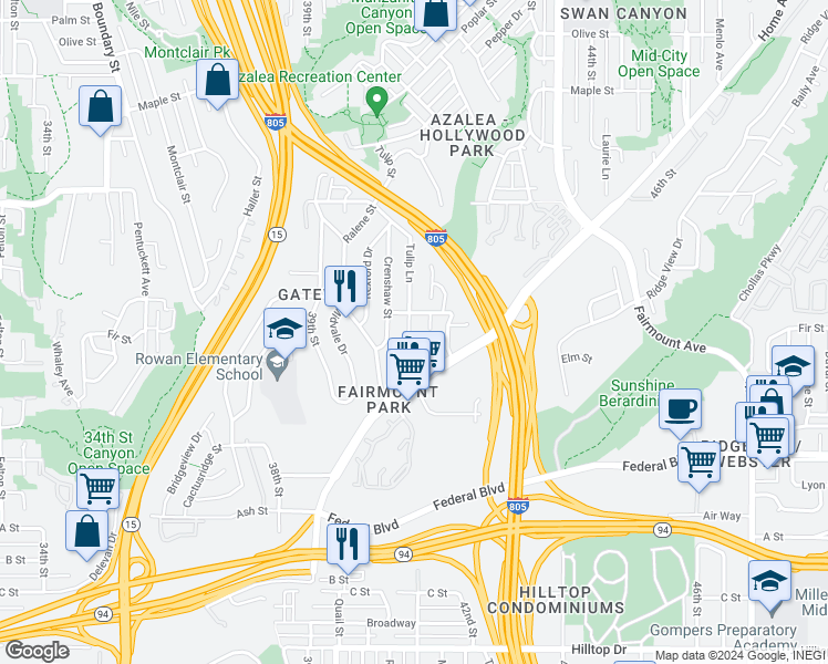 map of restaurants, bars, coffee shops, grocery stores, and more near 1865 Tulip Street in San Diego