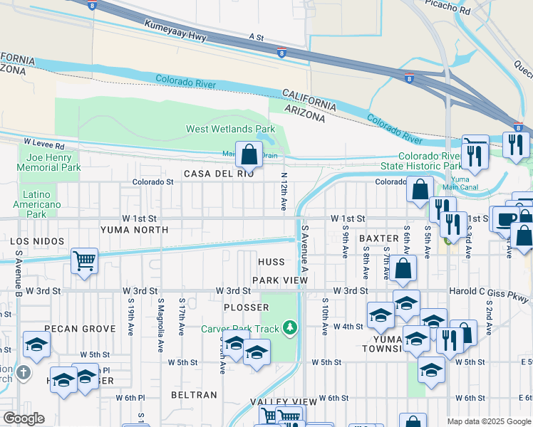 map of restaurants, bars, coffee shops, grocery stores, and more near 1212 West 1st Street in Yuma