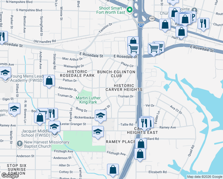 map of restaurants, bars, coffee shops, grocery stores, and more near 5928 Maceo Lane in Fort Worth