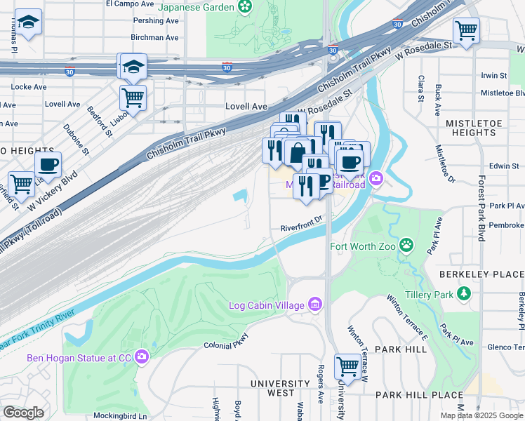 map of restaurants, bars, coffee shops, grocery stores, and more near 1700 Rogers Road in Fort Worth
