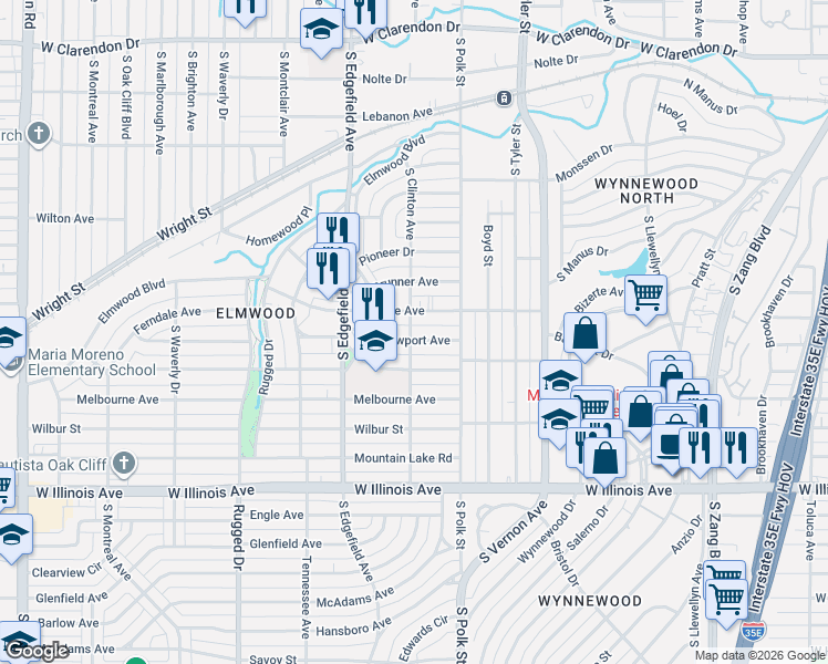 map of restaurants, bars, coffee shops, grocery stores, and more near 1135 Newport Avenue in Dallas