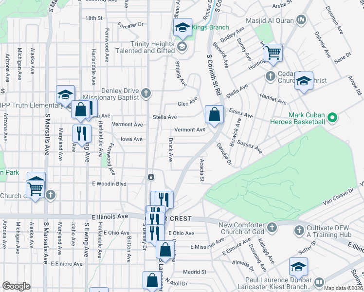 map of restaurants, bars, coffee shops, grocery stores, and more near 1522 Iowa Avenue in Dallas