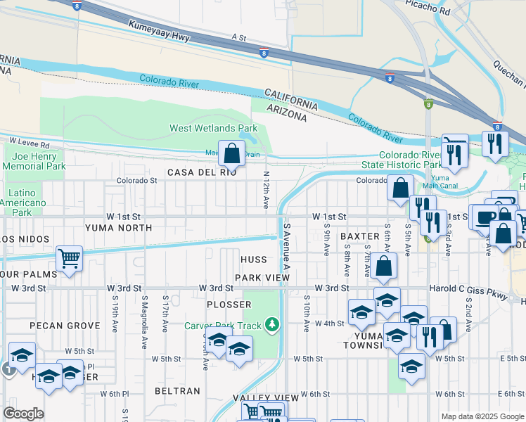 map of restaurants, bars, coffee shops, grocery stores, and more near 1200 West 1st Street in Yuma