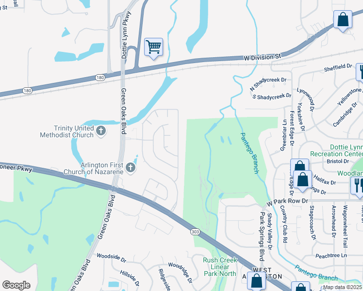 map of restaurants, bars, coffee shops, grocery stores, and more near 1205 Andromeda Way in Arlington