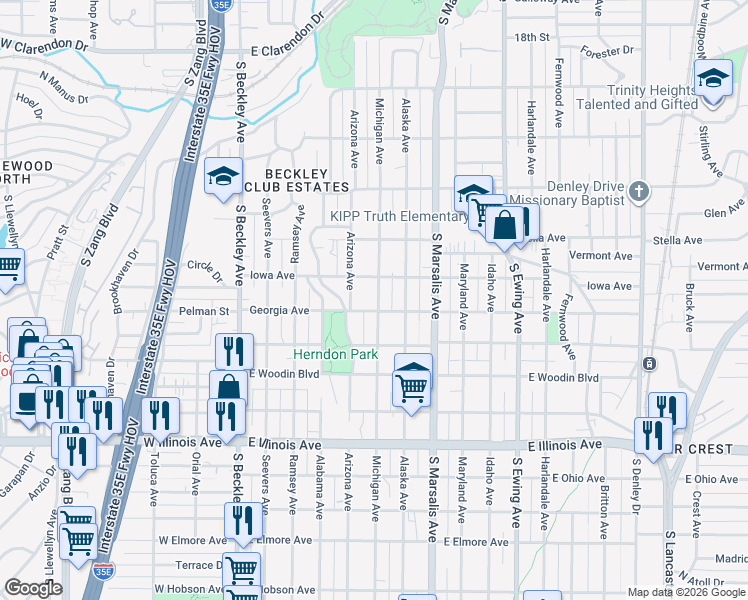 map of restaurants, bars, coffee shops, grocery stores, and more near 1823 Michigan Avenue in Dallas