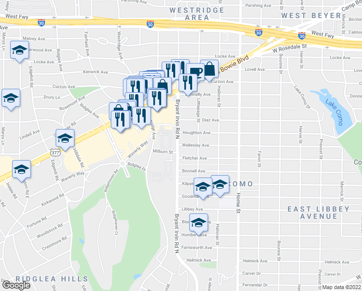 map of restaurants, bars, coffee shops, grocery stores, and more near 5931 Bryant Irvin Road North in Fort Worth