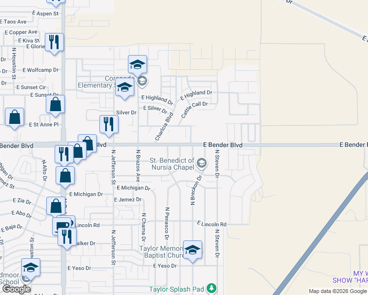 map of restaurants, bars, coffee shops, grocery stores, and more near 2225 North Mora Drive in Hobbs
