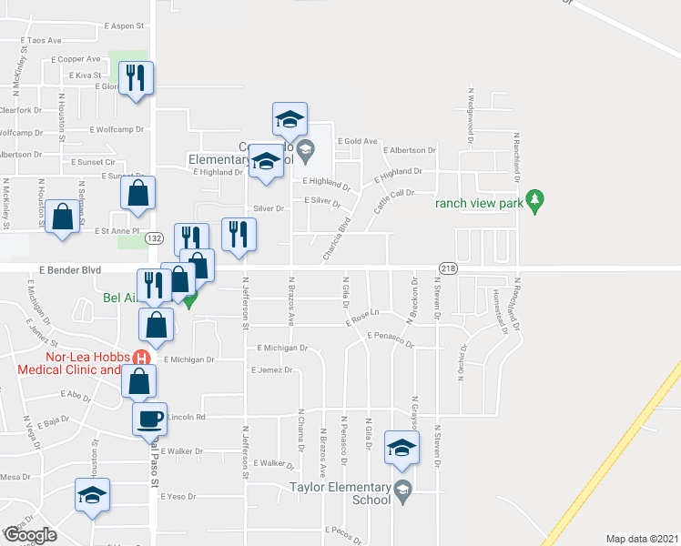 map of restaurants, bars, coffee shops, grocery stores, and more near 2227 N Gila Dr in Hobbs