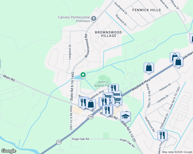map of restaurants, bars, coffee shops, grocery stores, and more near 3462 Field Planters Road in Johns Island