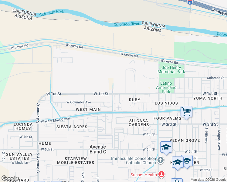 map of restaurants, bars, coffee shops, grocery stores, and more near 2996 W 31st St in Yuma