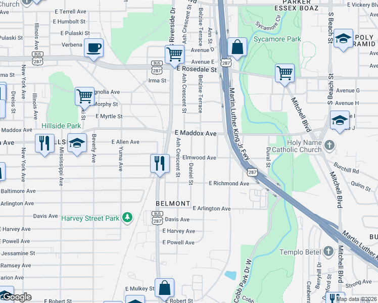 map of restaurants, bars, coffee shops, grocery stores, and more near 1720 Daniel Street in Fort Worth