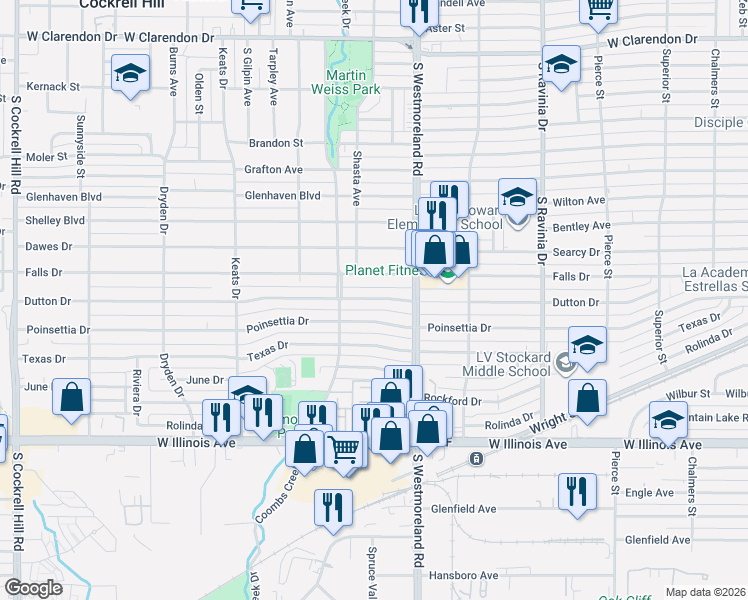 map of restaurants, bars, coffee shops, grocery stores, and more near 3407 Dutton Drive in Dallas