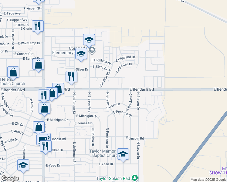 map of restaurants, bars, coffee shops, grocery stores, and more near 2225 North Mora Drive in Hobbs
