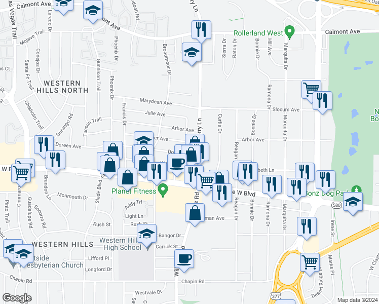 map of restaurants, bars, coffee shops, grocery stores, and more near 3263 Karen Street in Fort Worth