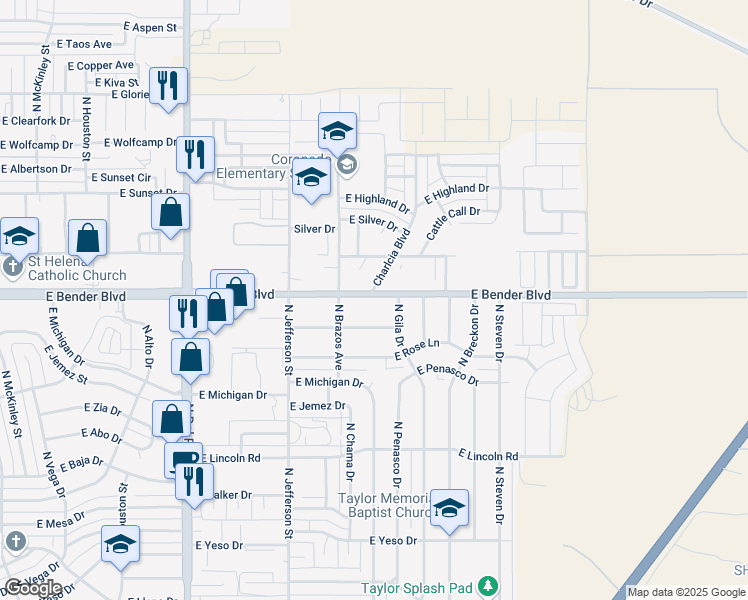map of restaurants, bars, coffee shops, grocery stores, and more near 2227 North Gila Drive in Hobbs