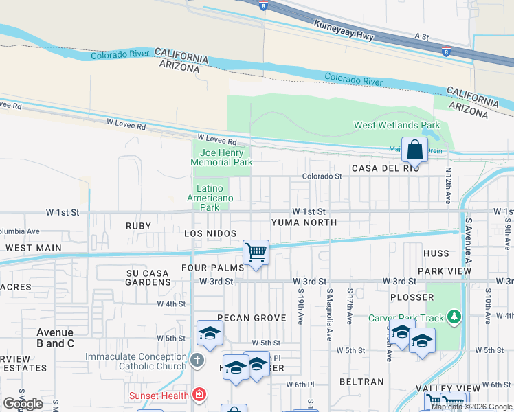 map of restaurants, bars, coffee shops, grocery stores, and more near 2192 West 1st Street in Yuma