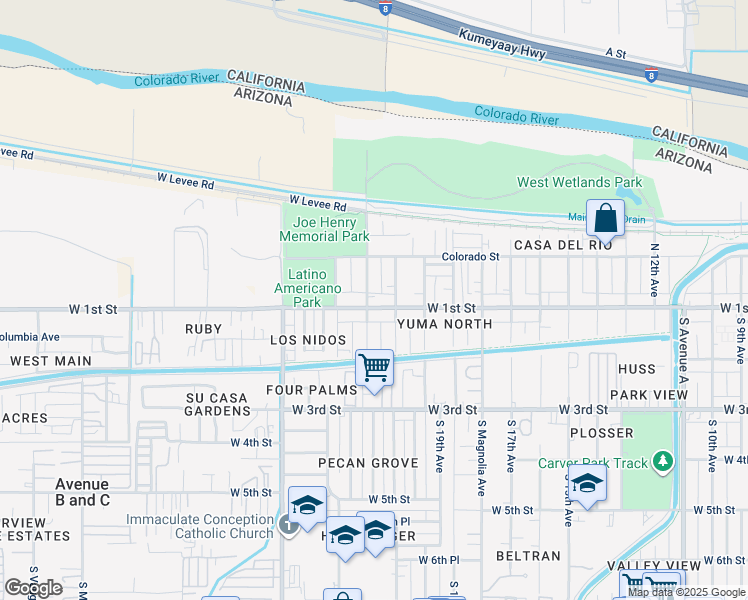 map of restaurants, bars, coffee shops, grocery stores, and more near 2192 West 1st Street in Yuma