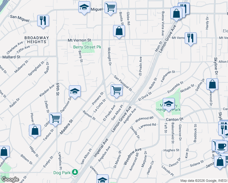 map of restaurants, bars, coffee shops, grocery stores, and more near 1916 La Corta Street in Lemon Grove
