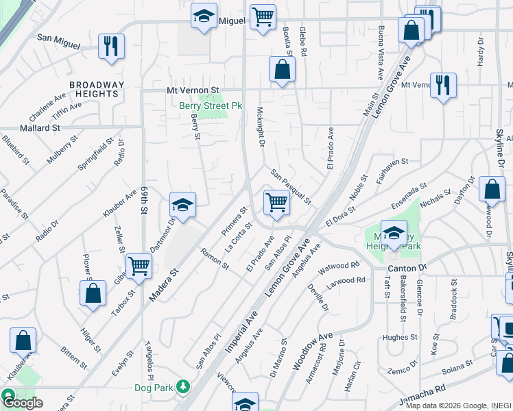 map of restaurants, bars, coffee shops, grocery stores, and more near 1916 La Corta Street in Lemon Grove