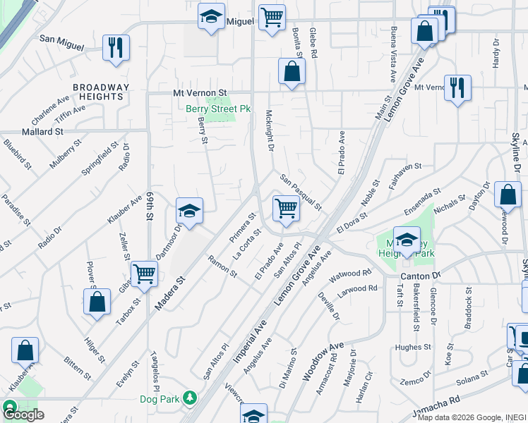 map of restaurants, bars, coffee shops, grocery stores, and more near 1916 La Corta Street in Lemon Grove