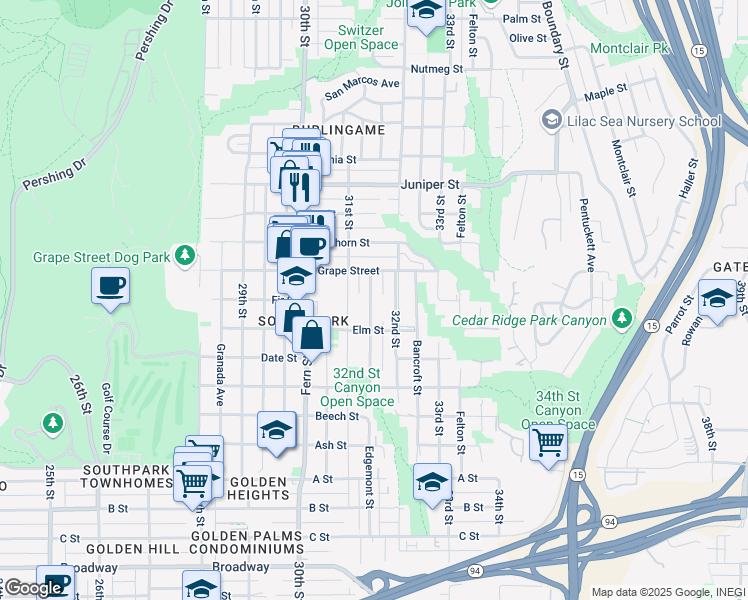 map of restaurants, bars, coffee shops, grocery stores, and more near 1902 32nd Street in San Diego