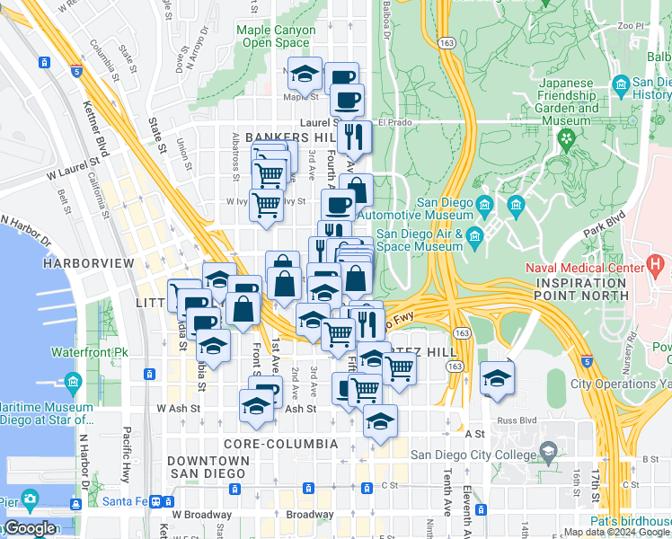 map of restaurants, bars, coffee shops, grocery stores, and more near in San Diego