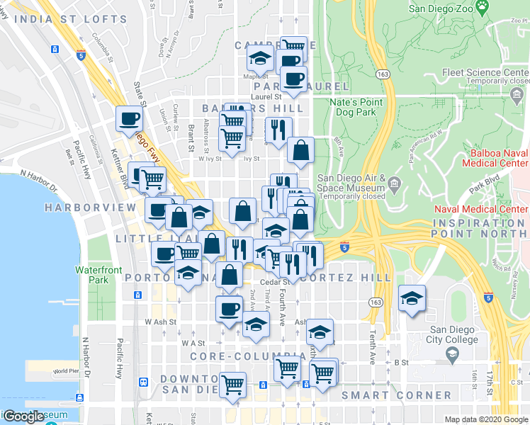 map of restaurants, bars, coffee shops, grocery stores, and more near 1922-1934 Third Avenue in San Diego