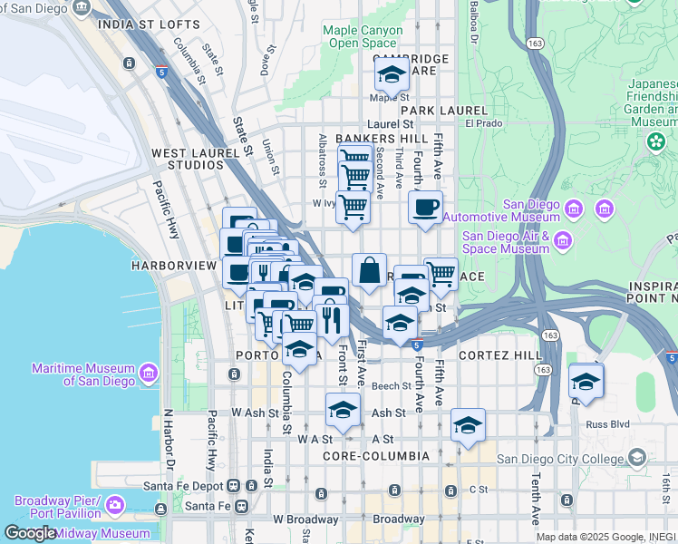 map of restaurants, bars, coffee shops, grocery stores, and more near 1924 Front Street in San Diego
