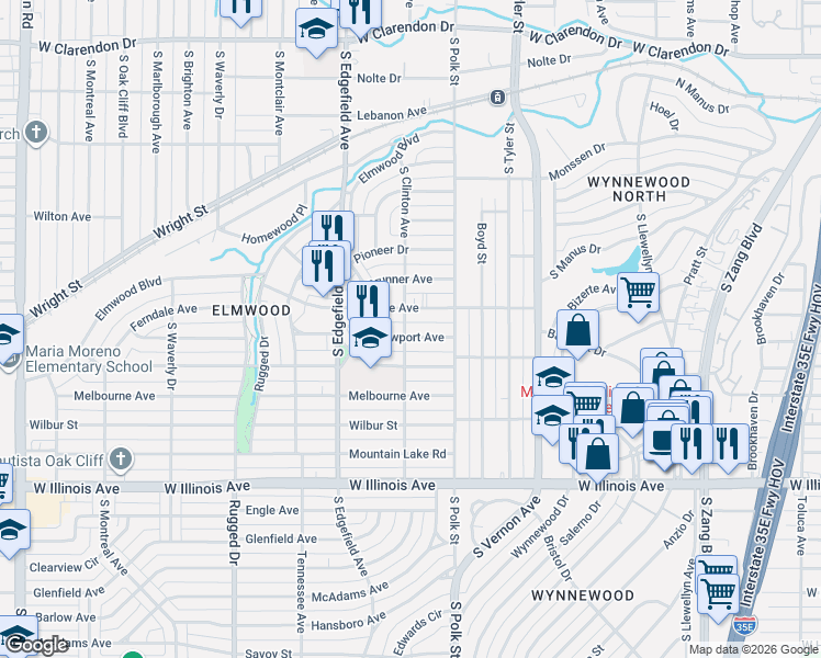 map of restaurants, bars, coffee shops, grocery stores, and more near 1135 Newport Avenue in Dallas