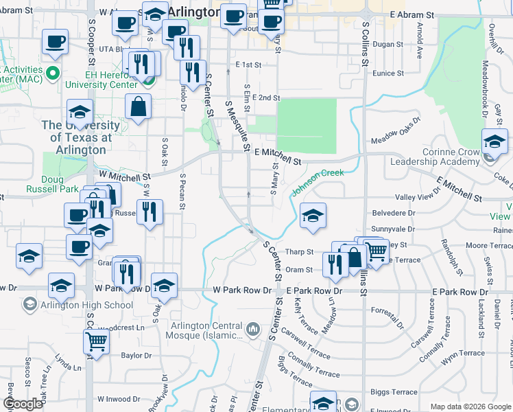 map of restaurants, bars, coffee shops, grocery stores, and more near 206 Ray Street in Arlington