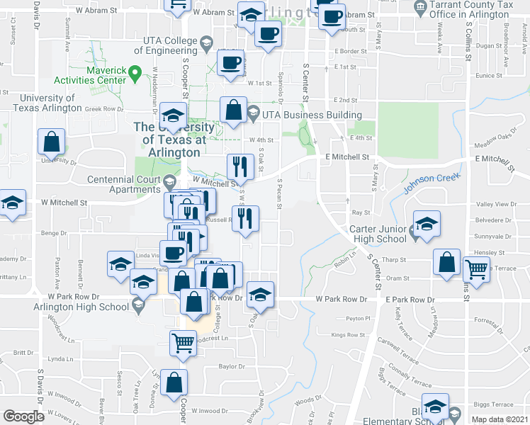 map of restaurants, bars, coffee shops, grocery stores, and more near 1108 South Oak Street in Arlington