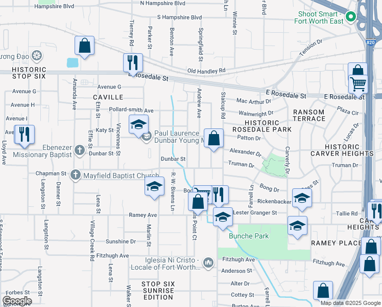 map of restaurants, bars, coffee shops, grocery stores, and more near 1912 Birdell Street in Fort Worth