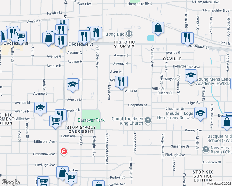 map of restaurants, bars, coffee shops, grocery stores, and more near 4604 Avenue L in Fort Worth