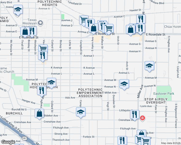 map of restaurants, bars, coffee shops, grocery stores, and more near 3621 Avenue L in Fort Worth