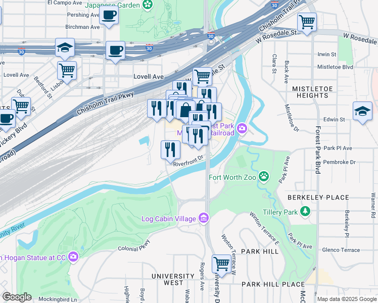 map of restaurants, bars, coffee shops, grocery stores, and more near 3221 Collinsworth Street in Fort Worth